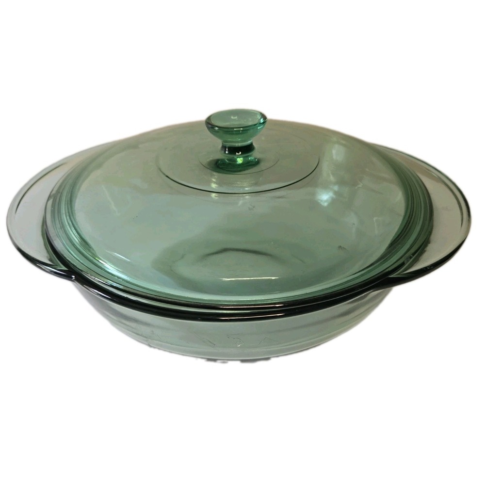 Vintage Anchor Hocking Green Glass 2 Qt Round Casserole Dish 9.5 With Lid